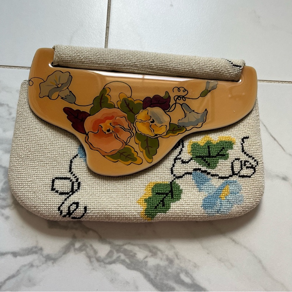 Vintage Moon Bag by Patricia Smith needlepoint clutch purse wooden handle